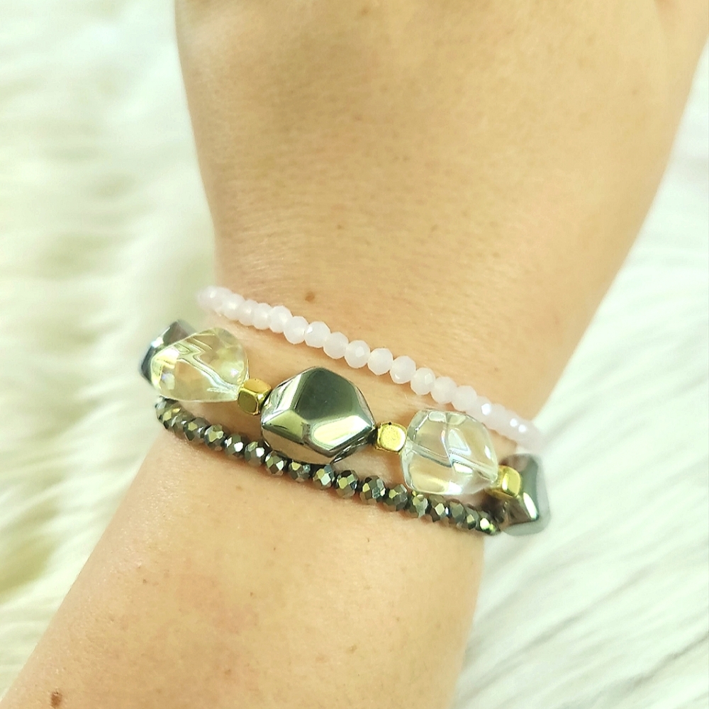 NWT Ryze Iridescent, Chrome, and Pale Pink Colored Beaded Staxx Bracelets - Picture 5 of 6